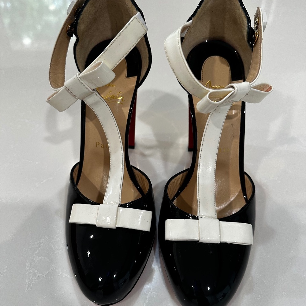Christian Louboutin Black and White T-Strap Mary Jane Block Heels size 39
